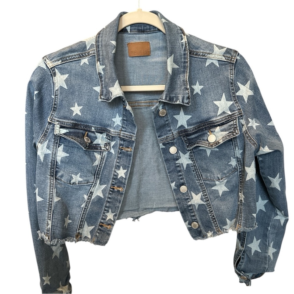Judy Blue Star Print Cropped Denim/Jean Jacket Distressed Hem Size Small